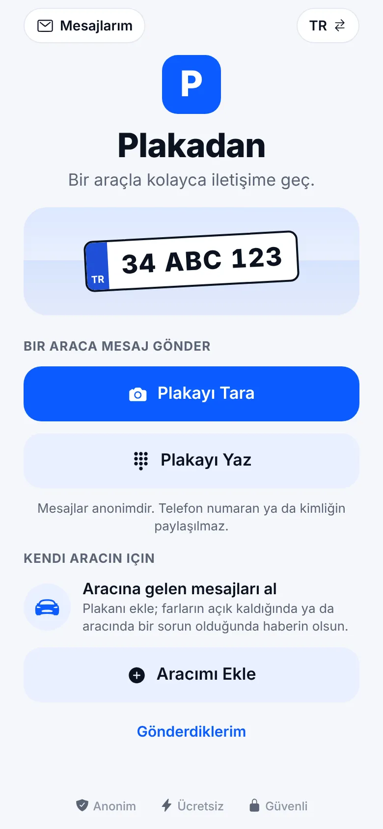 Plakadan ana ekranı: Plakayı Tara ve Aracımı Ekle